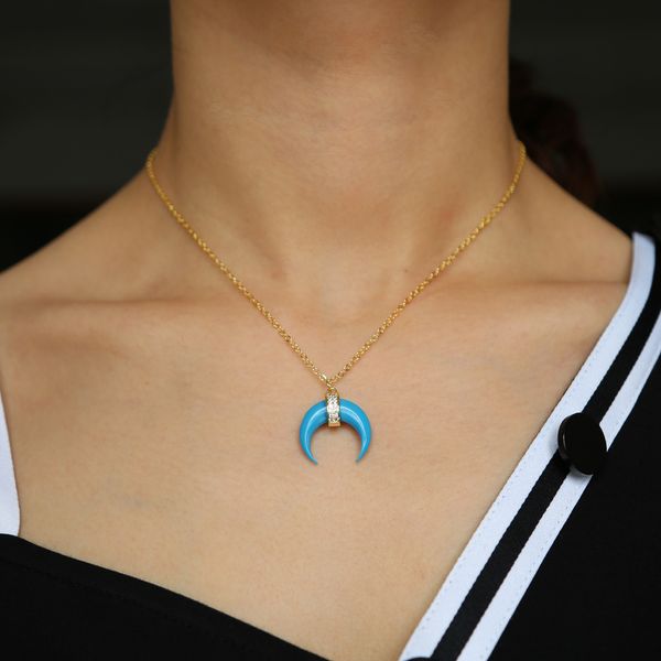 

gold color double horn crescent moon turquoises necklace for women and girl 2018 new fashion gem blue stone necklaces, Golden;silver