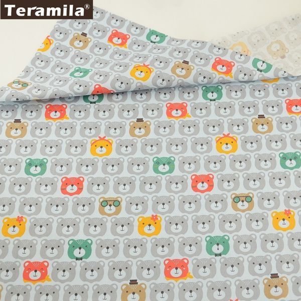 

teramila cotton fabric printed grey cartoon bears head designs twill material cloth patchwork baby dress decoration home textile, Black;white