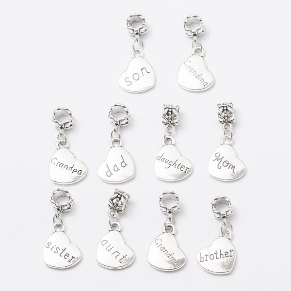 200 pcs family Word heart shape Charms Pendants Dangles Beads Fit Pandora Bracelet or Bangle DIY Jewelry