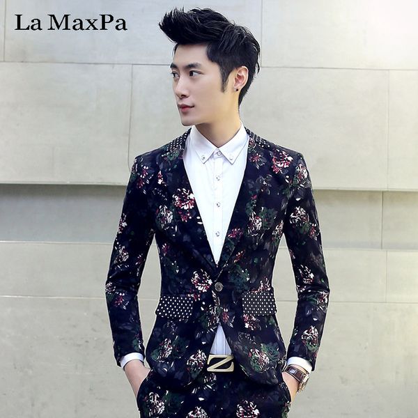 

la maxpa new fashion brand blazers men suit jacket spring autumn casual slim fit prom groom business host wedding printing suit, White;black