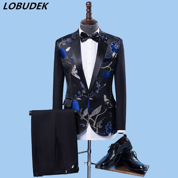 

flowers embroidery men's suits prom party male singer host stage outfit chorus performance costumes wedding master slim dress, White;black