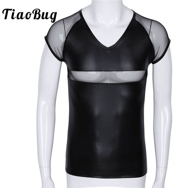 

tiaobug black mens summer fashion soft faux leather short sleeve v neck mesh splice party t-shirt men clubwear costumes, White;black