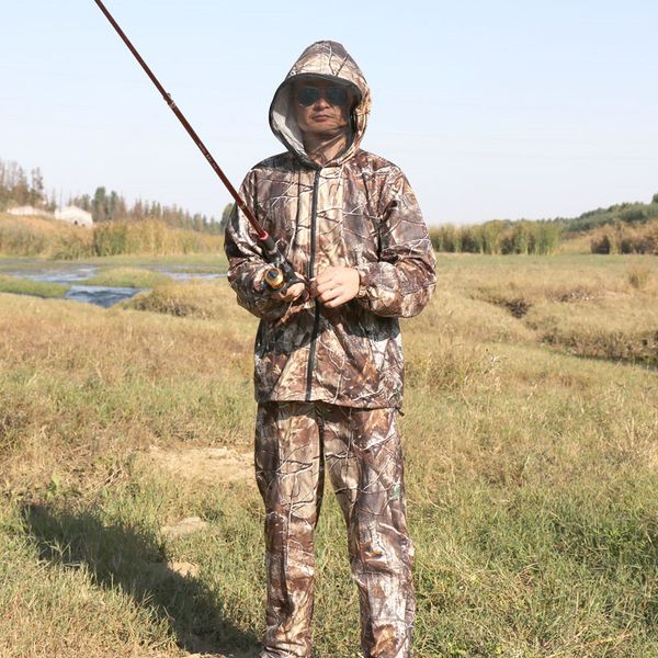 

hunting fishing clothing anti-mosquito breathable bionic pine camouflage coat army tactical sport jacket and trousers, Camo;black