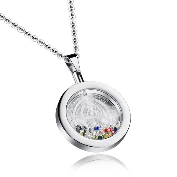 

classic religous woman jewelry nuestra senora de guadalupe colorful rhinestone pendant stainless steel necklace gx1062, Silver