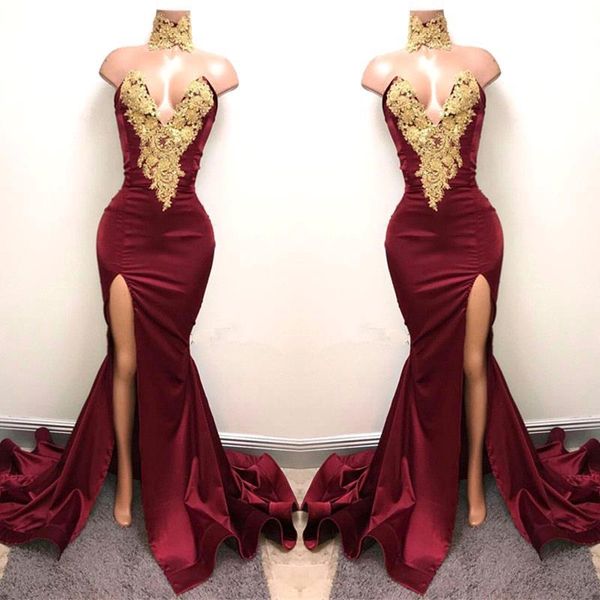 

burgundy new design 2k18 2018 mermaid prom dresses gold lace appliqued mermaid high front split long party evening wear gowns cheap, Black