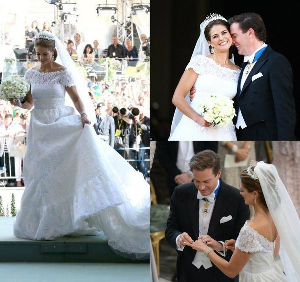 

2019 royal a line wedding dresses off the shoulder short sleeves court train boho wedding gowns custom made plus size lace bridal dress, White