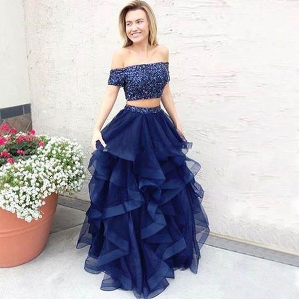

two pieces blue prom dress off shoulder short sleeve sparkly ruffles skirt a line party gowns sweep train custom size, Black