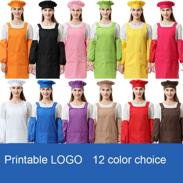 

customized 3pcs/set polyester kitchen waists aprons with sleeve&chef hats for painting cooking baking 12 colors dhl