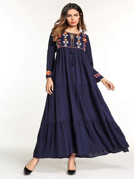 

2018 spring middle east muslim dress women's fashion embroidery long dress 3/4sleeve national style elegant loose maxi dress  l xl 2xl, Black;gray
