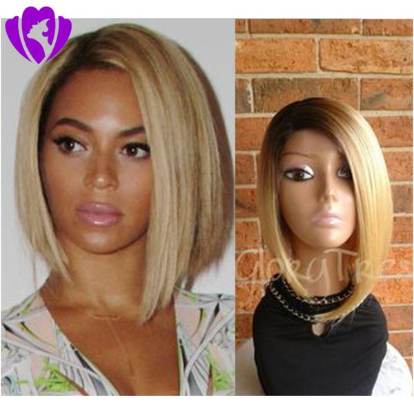 High Temperature Fiber Ombre Brown Roots To Light Blonde Bob Wig