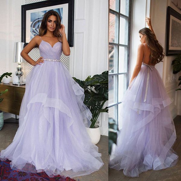 

lavender tulle ball gown prom dresses spaghetti straps pleated beaded floor length backless evening gowns formal dress, Black