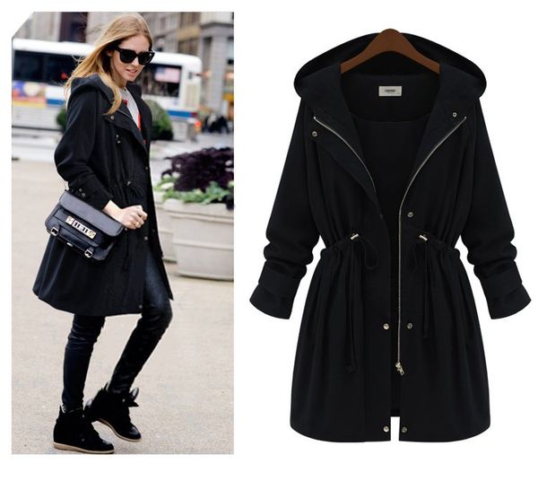 

autumn women's casual hooded windbreaker coat turndown collar overcoat outerwear solid color trench belt slim big size xl-4xl, Tan;black