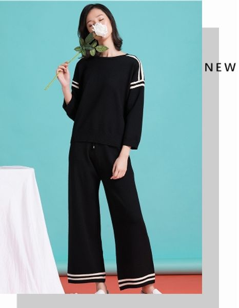 

2018 new women's suit women's fashion knit sweater and wide-leg pants two-piece casual elastic waist elegant season autumn female, White