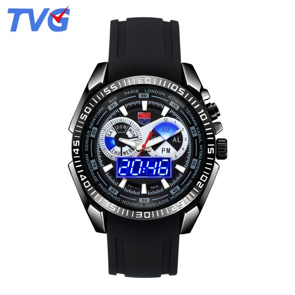 

tvg luxury silicone watchband sports watch digital watches men dual display japan quartz date day week wrist watches, Slivery;brown