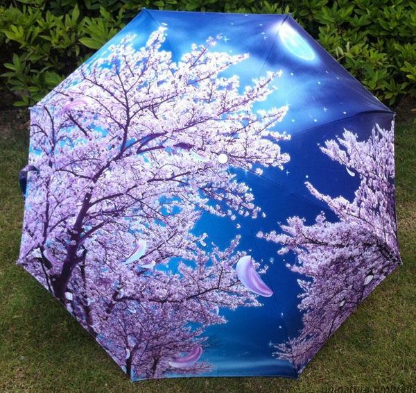 

2015 traditional chinese oil painting umbrella for women anti-uv 3 folding animal umbrellas cherry blossom flowers