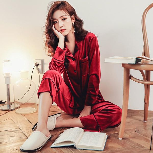 

home clothes soft gold velvet women pajamas set 2018 autumn winter sleepwear long sleeve pink pyjamas 2 pieces set pijama mujer, Blue;gray