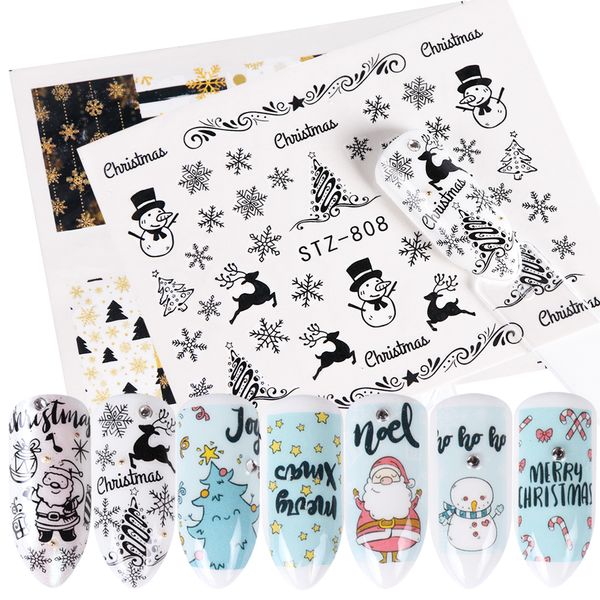 

8pcs/set nail art water transfer sliders christmas snowflake santa diy manicure adhesive wraps nail sticker decal sastz797-808-1, Black