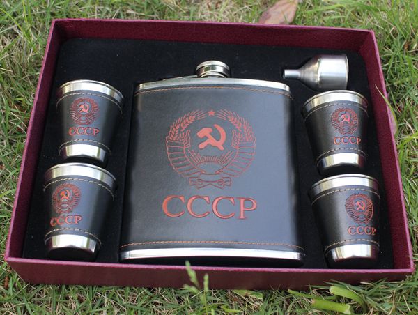 

50sets/lot 7 ounce cccp hip flask set stainless steel whiskey flask set out door water bottle family gift