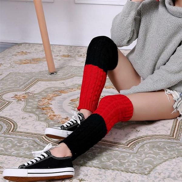 

new fashion autumn winter warm women crochet knitted trim leg warmer boot socks female patchwork thick legwarmer, Black;white