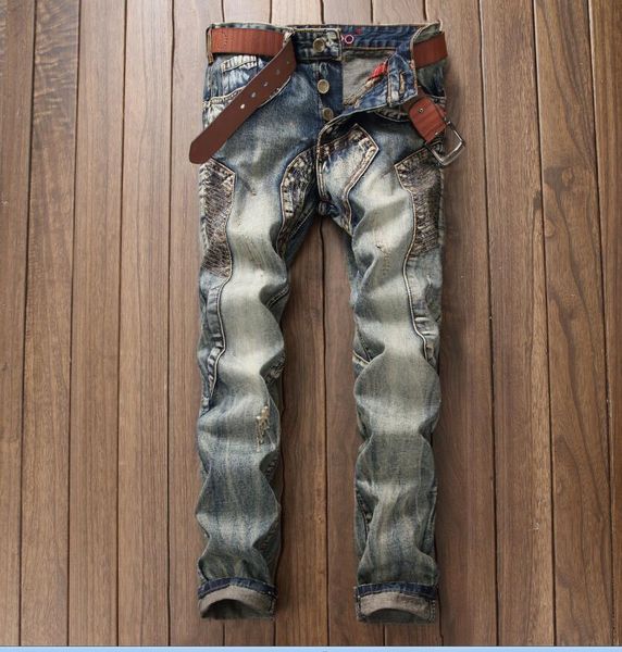 

wholesale men's retro casual jeans designer men jeans famous brand slim fit mens printed jeans biker denim pants 6001, Blue