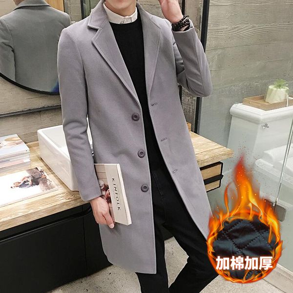 

2018 winter new men's fashion boutique thick warm woolen coat / mens coat jacket men's solid color long woolen windbreaker, Black