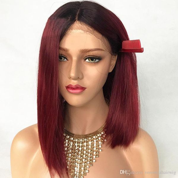 Charming Short Bob Black Root Burgundy Red Color Ombre Hair Lace