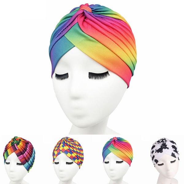

adjustable rainbow beanie muslim cap women colorful printing hat stretch turban head wrap cap cancer chemo hat scarf four season, Blue;gray