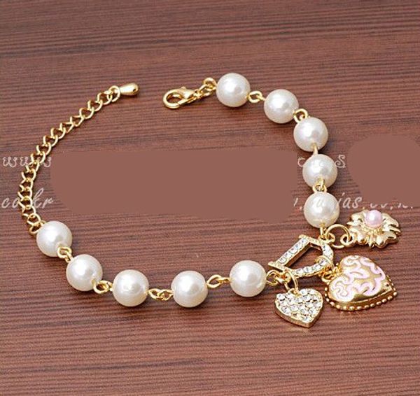 

2017 new sweet and lovely imitation pearl beads fashion crystal bracelet heart flowers letter d hang bracelets and anklets femal, Black