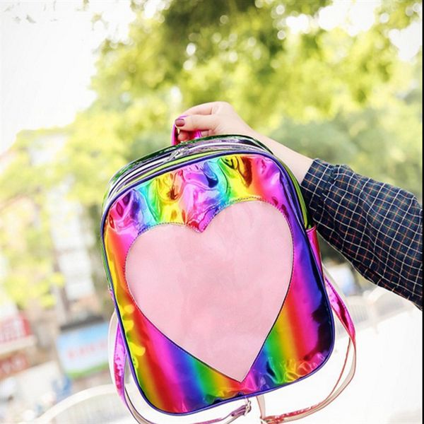 

tinton fashion female laser inner polyester love heart print bling summer 2018 women's shoulder bags double straps backpack