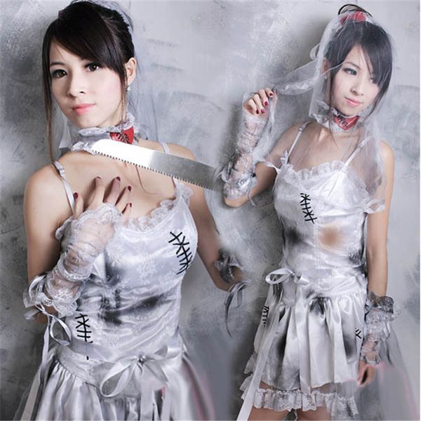 

halloween scary ghost bride costume day of the dead white corpse bride cosplay dress play ghost festiv fancy female costume, Black;red