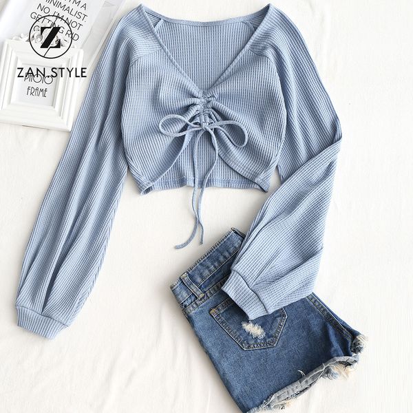 

zan.style gathered textured knitted blouse women shirts long sleeve v-neck cropped blouse bow knot pullovers women blusas, White