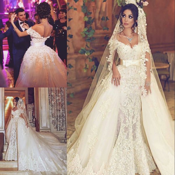 Luxuoso Pérolas Sereia Vestido de Noiva com Overskirt Off Off Off Beads Floral Lace Appliques Vestido de Noiva Vestidos de Noiva Saudi Glamorous
