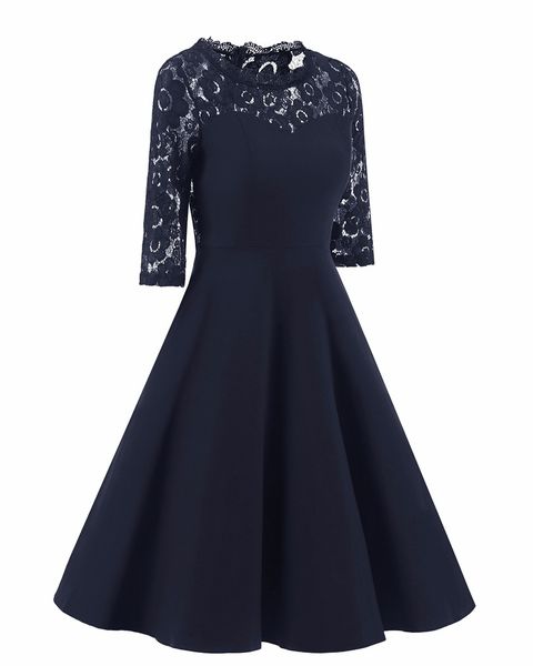 

женщины одеваются шею полые кружева шить тонкое платье женский, Black;gray