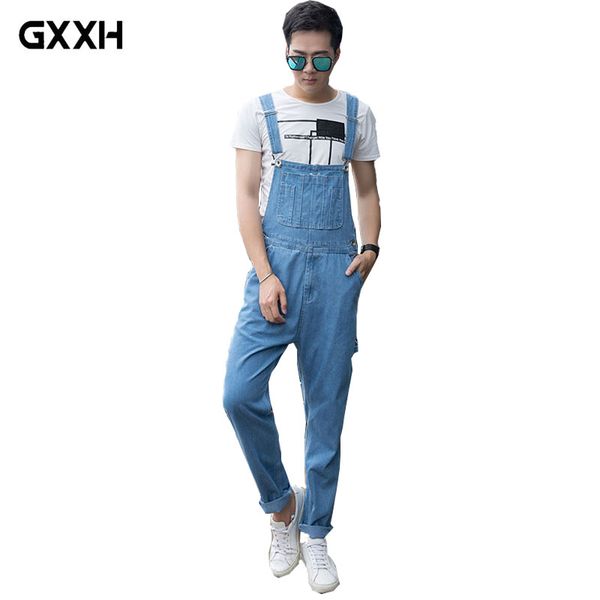 

2018 new men's jeans bib men's casual siamese shorts dark blue denim overalls long jeans women's workwear size 26-38 40 42 44