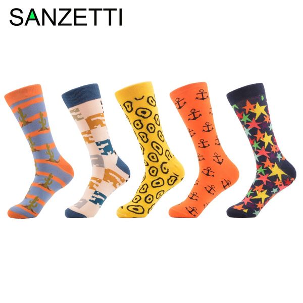 

sanzetti 5 pair /lot men 's combed cotton socks multi colorful funny pattern casual crew socks happy party dress crazy socks, Black