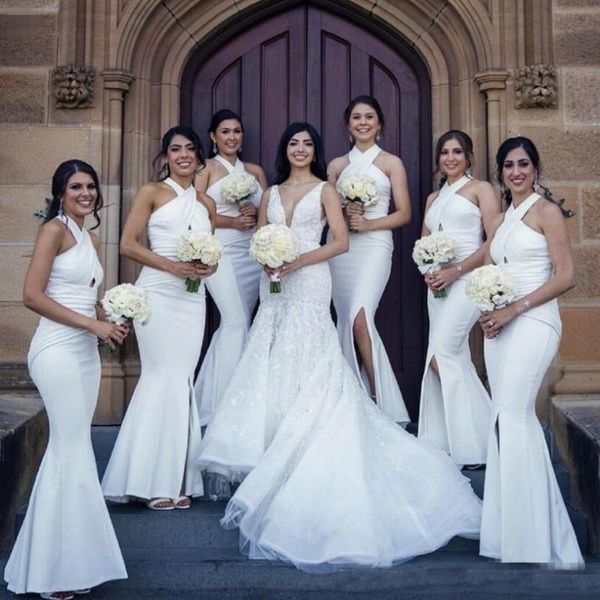 

Long Mermaid Bridesmaid Dresses Country Style Halter Neck Side Split Maid of Honor Dress Floor Length Satin Wedding Guest Gowns