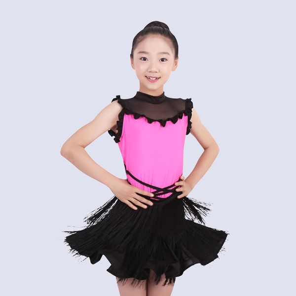 

latin dance dress sleeveless tassel salsa rumba cha cha costumes girls samba performance dancing cloths kids dance wear dnv10348, Black;red