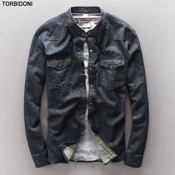 

new arrival men's denim shirt stand collar camisa masculina brand clothing long sleeve casual retro blouses shirt, White;black