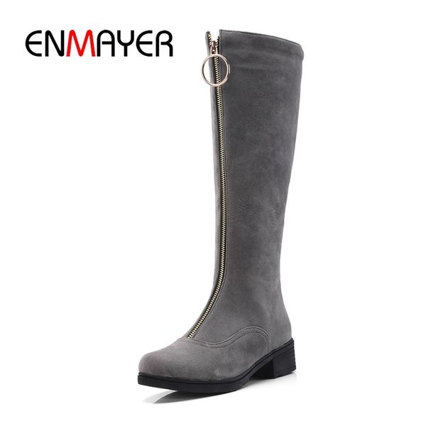 

enmayer new arrival lady fashion round toe front zip knee high square heel boots women solid zip boots zyl761, Black