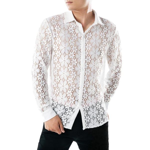 

2018 new arriver modis men slim fit men's autumn casual lace shirts long sleeve shirt hollow shirt blouse camisa masculina, White;black