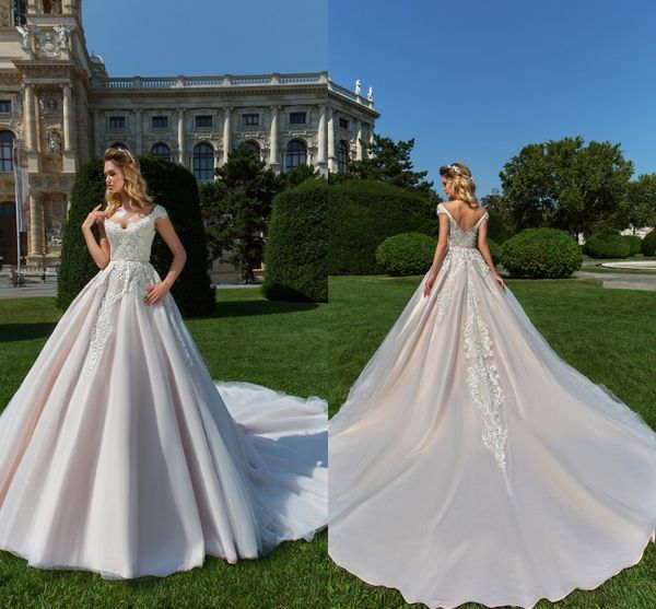 

glamorous scoop neck a line wedding dresses lace appliques cap sleeves tulle court train bridal gowns zipper back, White