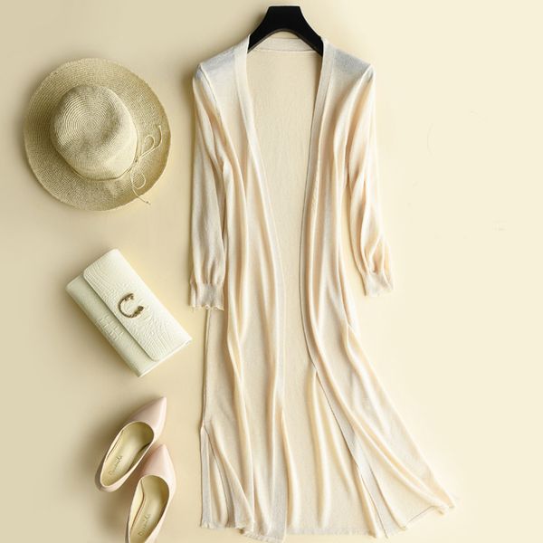 

new summer autumn women thin cardigans split solid knitting jacket shawl office ladies elegant ice silk long cardigan coat sf867, White;black