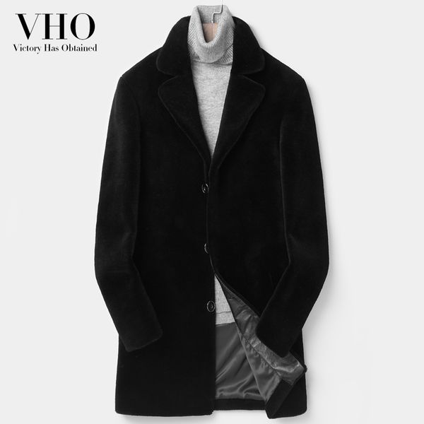 

vho natural real fur lamb wool coat for men medium long fashion shearling motorcycle genuine leather jacket warm thick plus size, Black