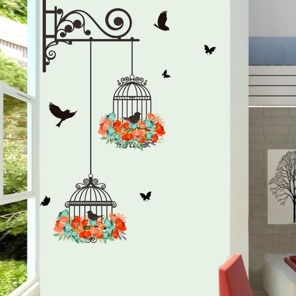 Colorful Flower Birdcage Wall Sticker Decals Flying Birds Plants Adhesive Living Room Wallpaper Bedroom Nursery Window Decor Wall Vinyl Stickers Wall