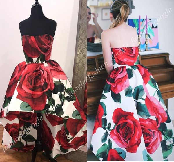 Drucken Sie Big Rose Hi-Lo Homecoming-Kleider 2019, trägerloser Ausschnitt, Blumen-Abschlussballkleid, 2k18, rückenfrei, echte Bilder