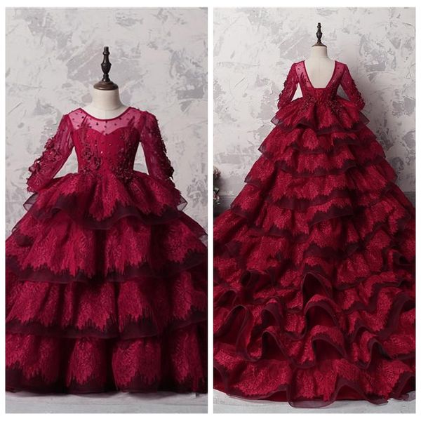 

sheer long sleeves ball gown lace girl' pageant dresses tiered beaded puffy bandage back formal kids birthday prom party gowns customi, White;red