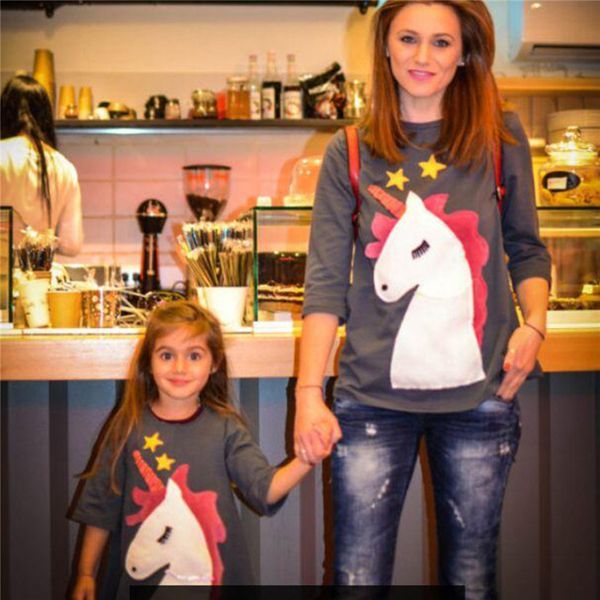 

fashion mother and daughter clothes cartoon unicorn printing long sleeve t shirts spring autumn matching family outfits kids 2-6t s-xl, Blue