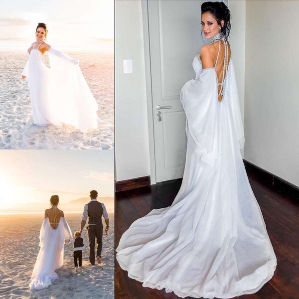 Acheter New Beach Mariage Robes De Mariée Cou Perles Sexy Dos Nu Balayage Train Flowing Bohème Robe De Mariée à Manches Longues Pays Robe De Mariée De