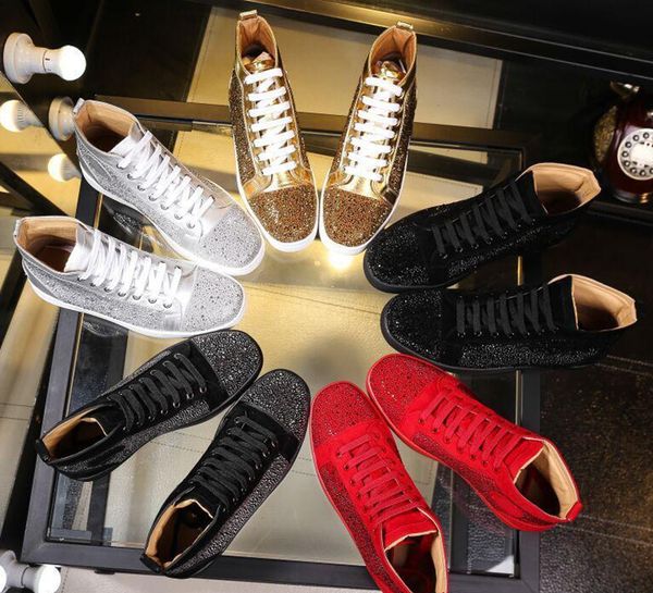

2018 new wholesale men women rhinestone high shoes famous designer brand red white bottom brand sneakers mens loubbis shoes, Black