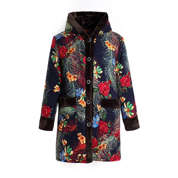 

middle-aged plus velvet thicken cotton aphid women coat fashion printing hooded cotton overcoat 2018 new plus size winter coats, Black